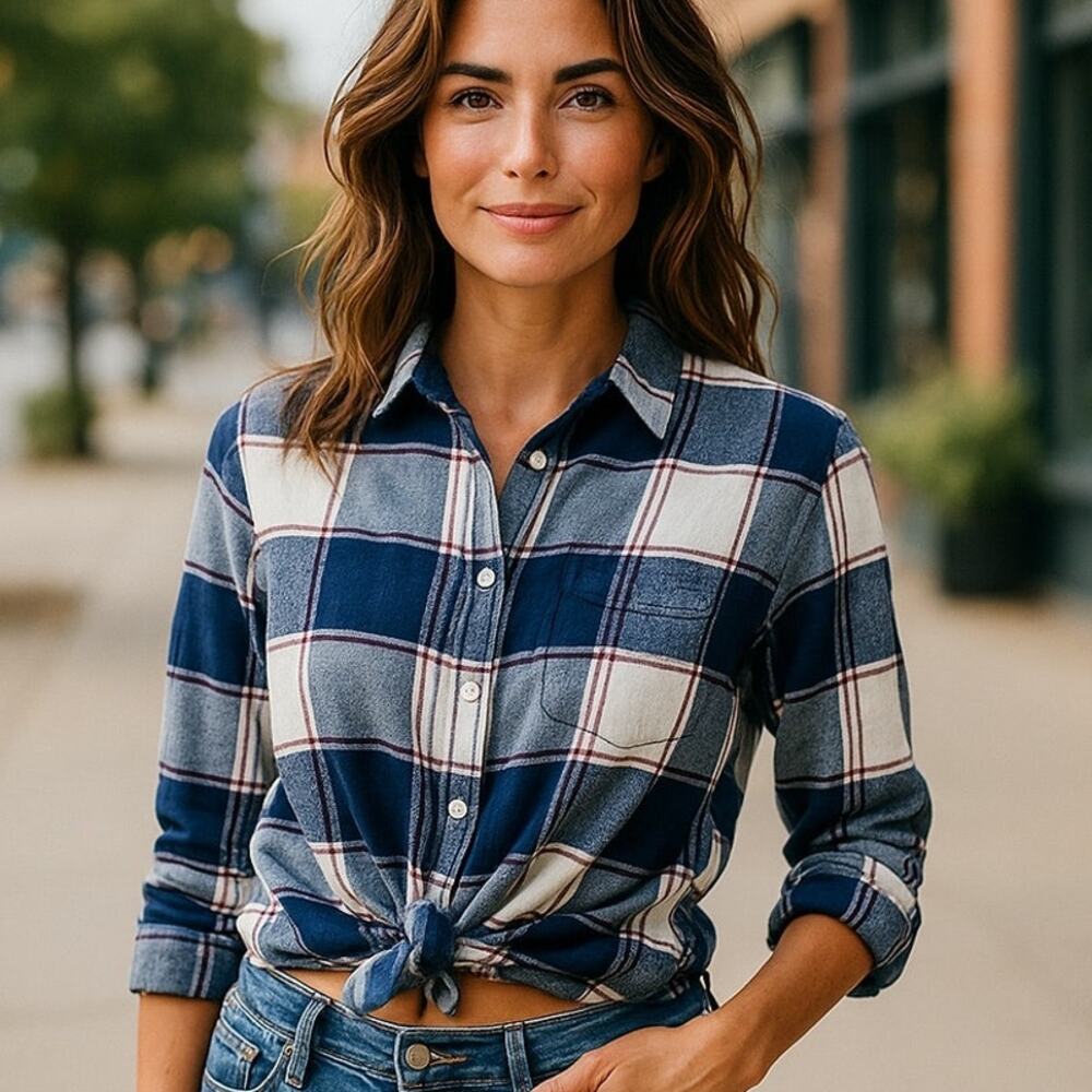 WEATHERPROOF VINTAGE Blue Plaid Comfort Stretch Flannel Top ~ Women's LARGE